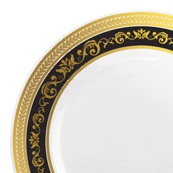 Royal 10.25x22 White with Black and Silver Rim Disposable Plastic Dinner Plates - Posh Party Supplies