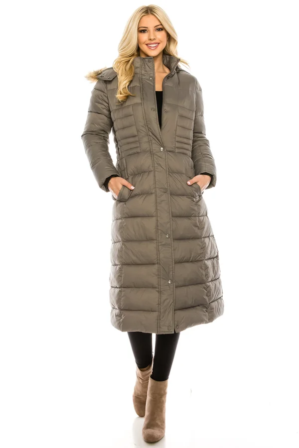 Haute Edition Women's Maxi Length Quilted Puffer with Fur Lined Hood - Grey