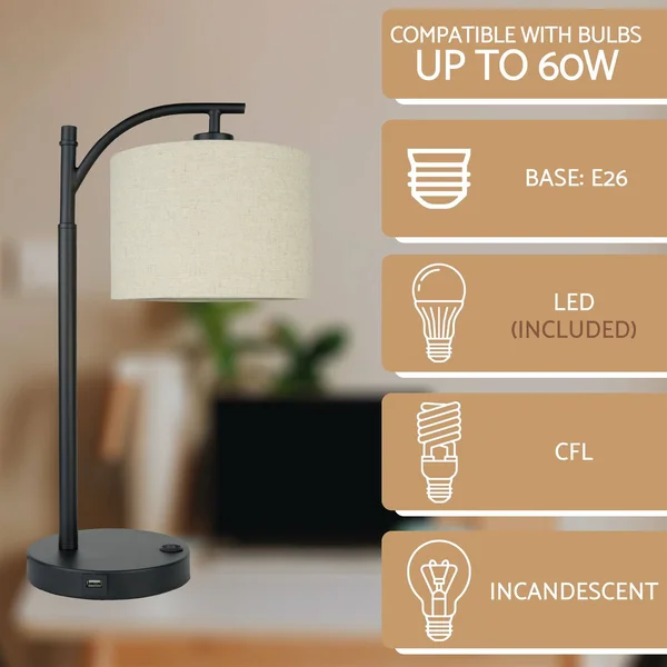 Kira Home York 18x22 Minimalist Arc Table Lamp w/ 2.0 Amp USB Charging Port - Honey