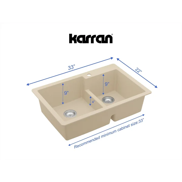 Karran 33x22 Drop In/Topmount Quartz Composite Kitchen Sink - 60/40 Double Bowl, White, QT-811-WH