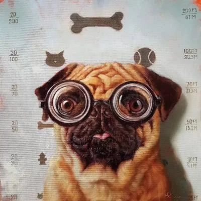 Framed Canvas Art (White Floating Frame) - Canine Eye Exam by Lucia Heffernan ( Animal Art > Dogs > Pugs art)