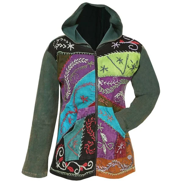 Women's Zip Front Hoodie - Folk Art Hand-Embroidered Sweatshirt