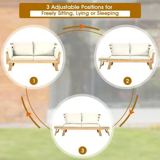 Adjustable Patio Convertible Sofa with Thick Cushion-White