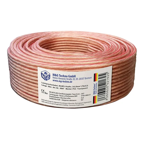 50m Speaker Cable 2x2 - 5mm² OFC Round Transparent, with Length Marking, Model 9547