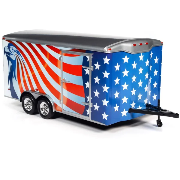 Four Wheel Enclosed Car Trailer with American Flag Graphics American Muscle 30th Anniversary for 1/18 Scale Model Cars by Autowo