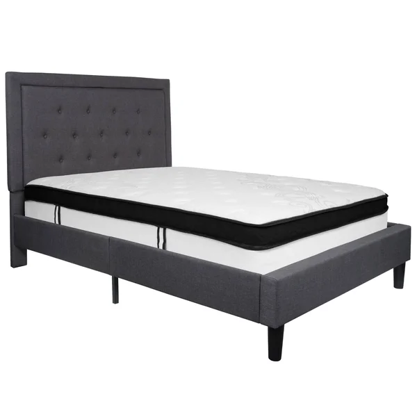Roxbury Twin Size Tufted Upholstered Platform Bed in Beige Fabric with Memory Foam Mattress