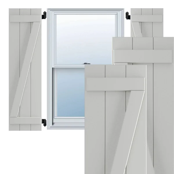 Ekena Millwork TFP102BBF16X063ST 16 1/8x22W x 63x22H True Fit PVC Three Board Joined Board-n-Batten Shutters w/Z-Bar - Hailstorm