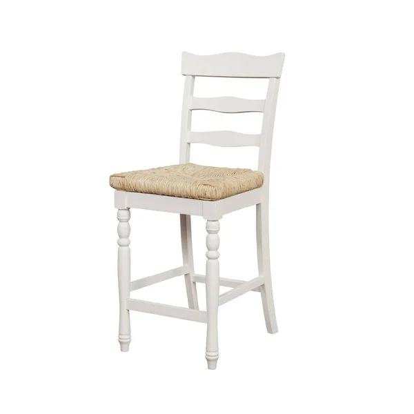 Benjara Wooden Counter Stool with Rush Woven Seat and Cut Out BACK, Beige and White