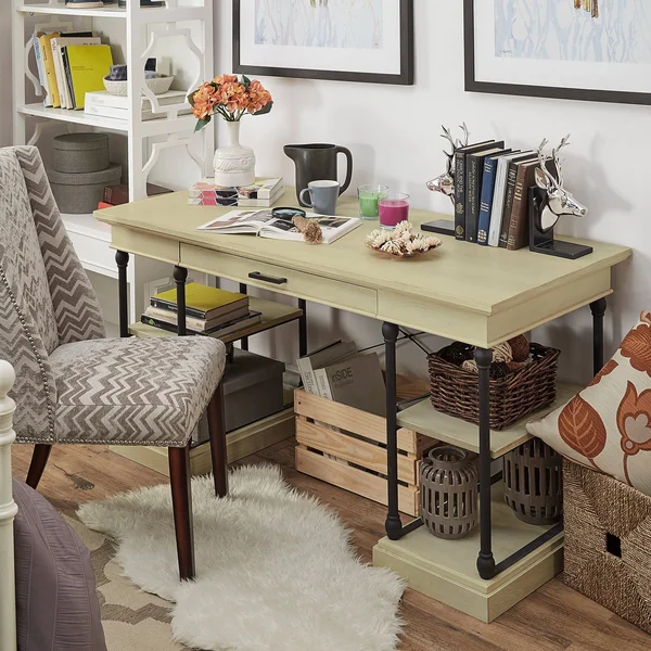 Inspire Q Barnstone Cornice 1-Drawer Storage Writing Desk by Artisan White Antique - Wood Finish