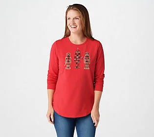 Quacker Factory Plaid Embellished French Terry Top - Size XX-Small, Red/Nutcrackers