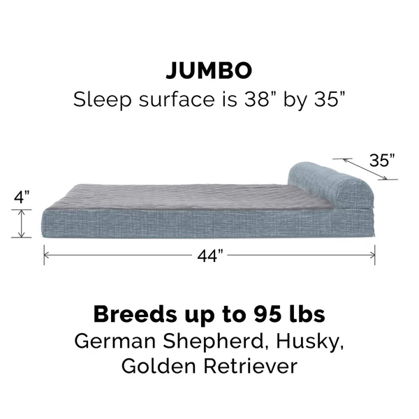 FurHaven Pet Quilted Fleece & Print Suede Chaise Lounge Orthopedic Sofa Dog Bed Titanium Jumbo