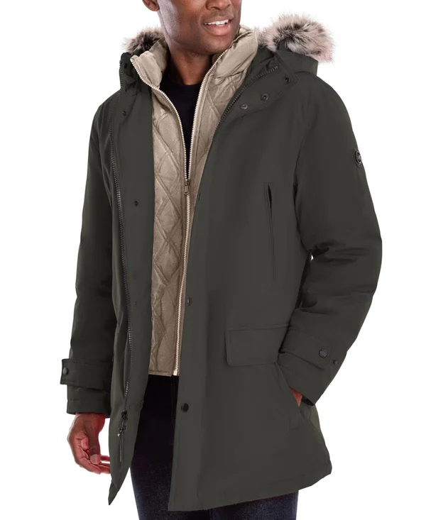 Michael Kors Men's Hooded Bib Snorkel Parka Coat Medium Olive Green