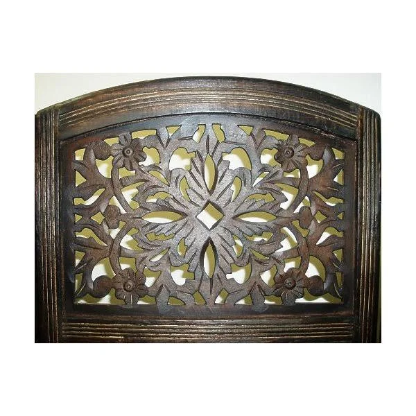 Cotton Craft Rajasthan- Antique Brown 4 Panel Handcrafted Wood Room Divider Screen 72X80 Intricately Carved on Both Sides - Reve