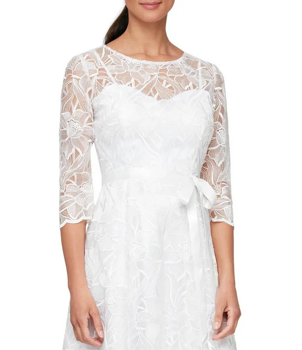 Alex Evenings Illusion Round Neck 34 Sleeve Embroidered Lace Dress - 16