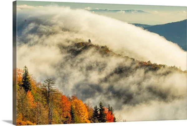 Autumn Colors and Mist at Sunrise - Blue Ridge Mountains at Sunrise, North Carolina, Canvas Wall Art, 36x24, Great Big Canvas
