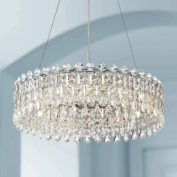Possini Euro Design Chrome Crystal Pendant Chandelier 23 1/2x22 Wide Modern Drum LED 12-Light Fixture for Dining Room House Foye