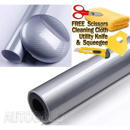 AutoGoody 108 inch x 60 inch High Gloss 5D Silver Carbon Fiber Vinyl Wrap Bubble Free 9ft x 5ft 6D - Size: 108 x 60