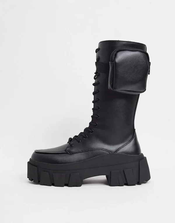 ASOS Design High Lace Up Calf Boots in Black Faux Leather on Chunky Sole with Pocket Detail