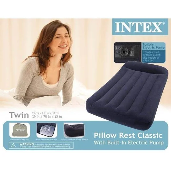 2) Intex Twin Classic Pillow Rest Airbed Mattress Bed with Built-In Pump, 66775E