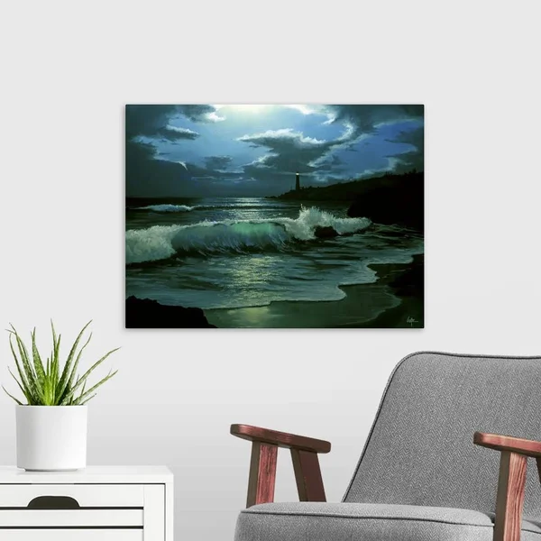 Waves Coming in on Shore - with A Lighthouse in The Distance, at Night, Large Solid-Faced Canvas Wall Art Print, Great Big Canv