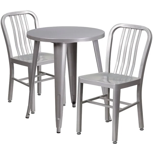 Round Green Metal Indoor-Outdoor Table Set with 4 Vertical Slat Back Chairs