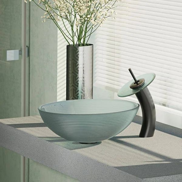 Rene R5-5034-WF-ABR Foil Undertone Glass Vessel Sink with Antique Bronze Waterfall Faucet, Sink Ring, and Vessel Pop-Up Drain