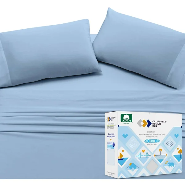 California Design den Silky Soft Sateen Solid Sheet Set Twin XL - Denim Blue, Sheet Set - 100% Sateen Cotton - 500 Thread Count