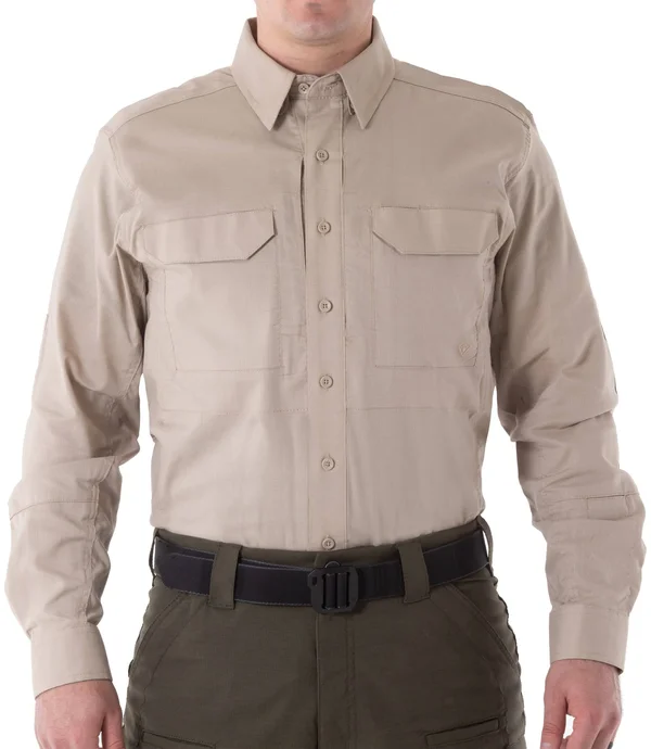 First Tactical - Men's First Mens V2 Long Sleeve Button-Down Shirt - Uniform, Casual, 2 Chest Pockets, in, Wolf Grey, Color Khaki