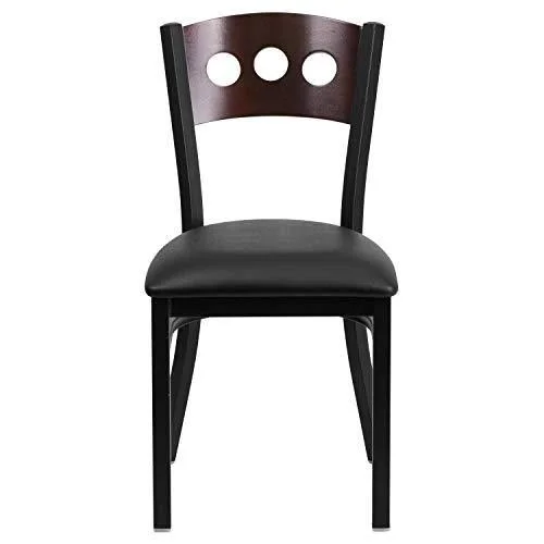 Flash Furniture 2 Pk. Hercules Series Black Decorative 3 Circle Back Metal Restaurant Chair - Walnut Wood BACK - Black Vinyl Seat