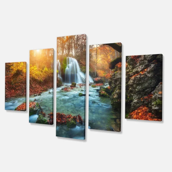 Design Art PT9799-373 Fast Flowing Fall River in Forest - Landscape Photography Canvas Print - 60x32 - 5