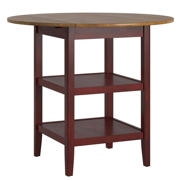 Antique Red 2-Side Drop Leaf Round Counter Height Table