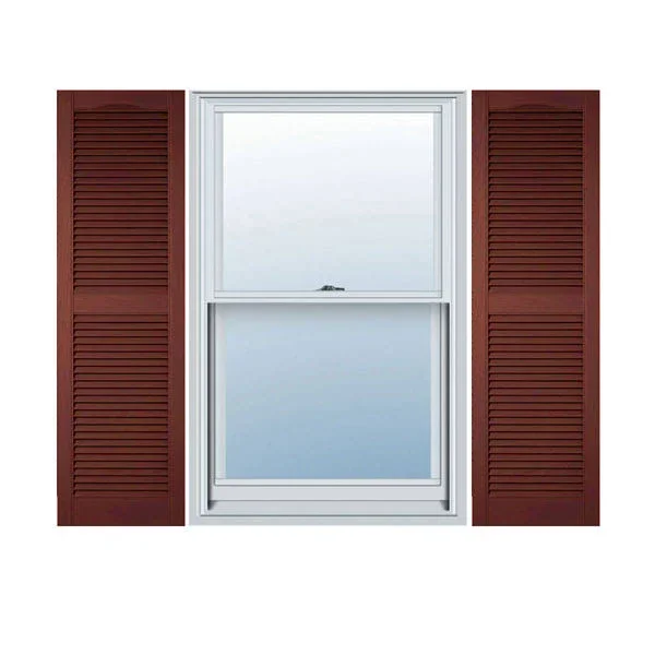 14 1/2x22W x 72x22H Lifetime Vinyl - Custom Cathedral Top Center Mullion, Open Louver Shutters, w/Shutter-Loks (Per Pair), Burgun