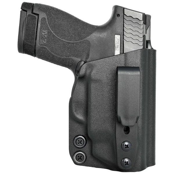 Smith & Wesson Mu0026P Shield M2.0 9MM/40SW w/Integrated Crimson Trace Laser Tuckable IWB Kydex Holster Black - Right Hand (
