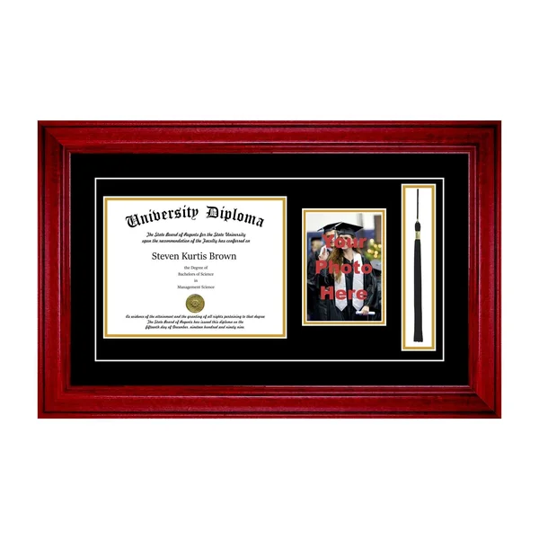 Single Diploma Frame with 5x7 Photo, Tassel and Double Matting for 10 inch x 8 inch Tall Diploma with Cherry 2 inch Frame