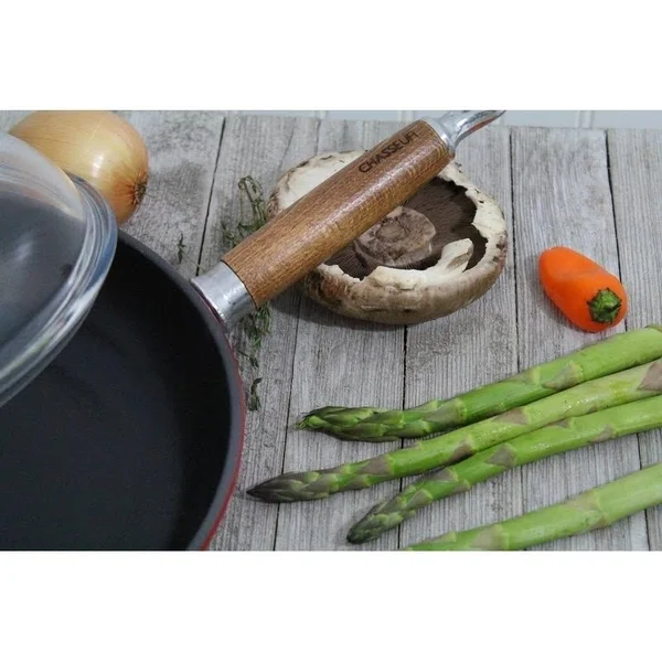 Chasseur 11-inch Red French Enameled Cast Iron Fry Pan with Wooden Handle and Glass Lid