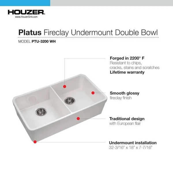 Platus Fireclay 32x22 x 18x22 Apron Double Basin Kitchen Sink Houzer Finish: Biscuit