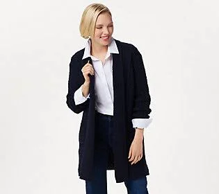 Aran Craft Merino Wool Open Front Long SweaterCardigan - Size XX-Small, Navy