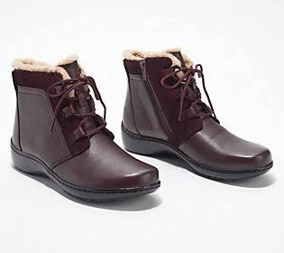 Clarks Collection Warm Lined Leather Boots - Cora Chai, Size 8-1/2 Wide, Burgundy