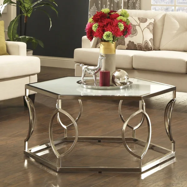 iNSPIRE Q Davlin Contemporary Glam xagonal Metal Frosted-glass Coffee Table