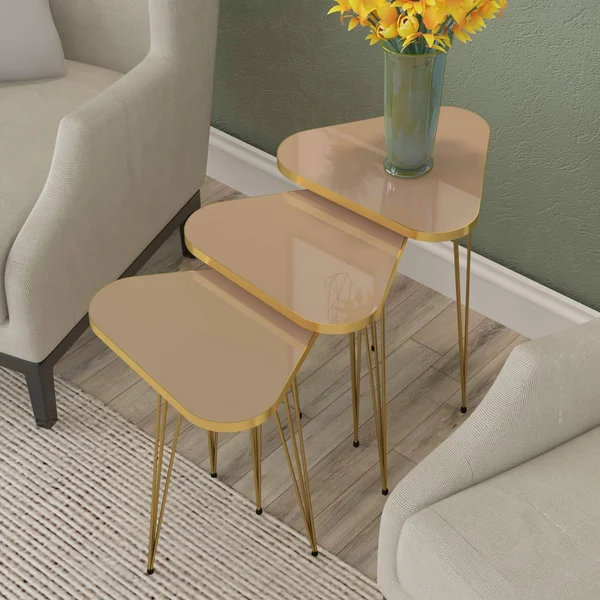 Set of 3 High Gloss Nesting End Tables - Pak Home Round Wood Stacking Coffee Side Accent Tables with Metal Legs for Living Room