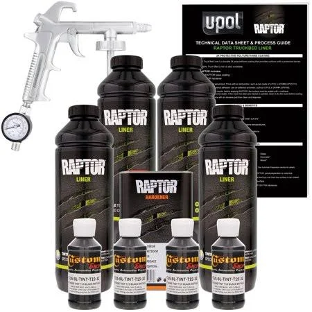 Custom Shop U-POL Raptor Bright Silver Urethane Spray-On Truck Bed Liner Kit w/ Free Custom Coat Spray Gun with Regulator - 6 Lit