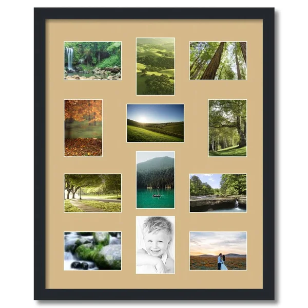 Collage Picture Frame, Satin Black Frame with 12 openings for 4x6 Photos with Brown Autumn Gold Mat. D3926ED462, ArtToFrames