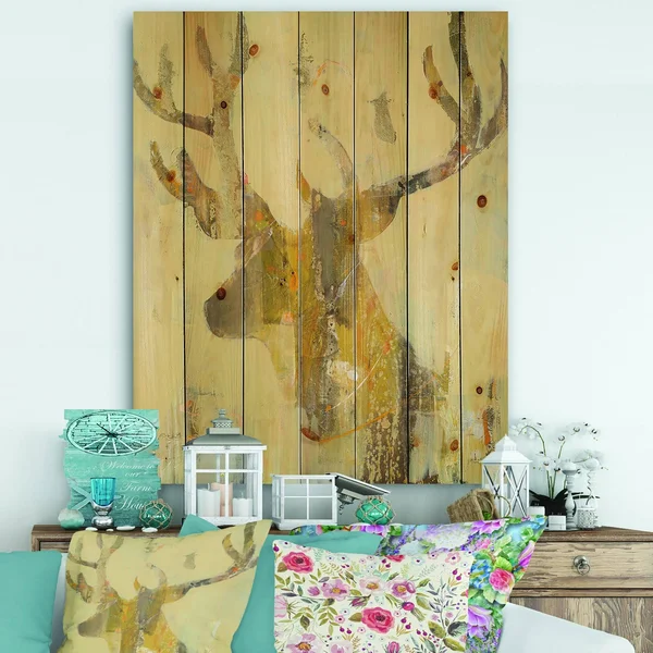 Designart 'Golden Deer II' Modern Farmhouse Print on Natural Pine Wood - Brown - 30 in. Wide x 40 in. High