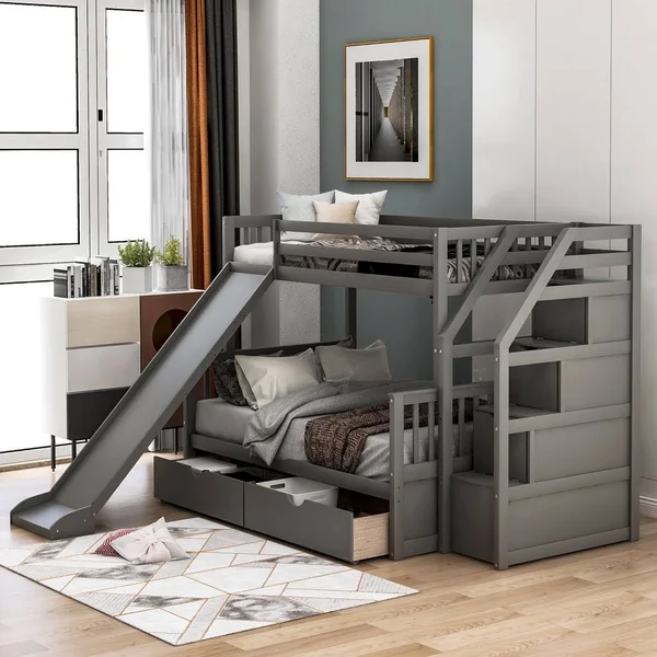 Euroco Wood Stairway Twin Over Full Bunk Bed with 3 Storage Drawers in - Black
