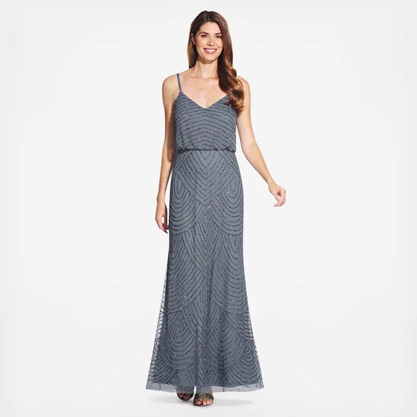 Adrianna Papell Art Deco Blouson Beaded Gown - Dusty Blue