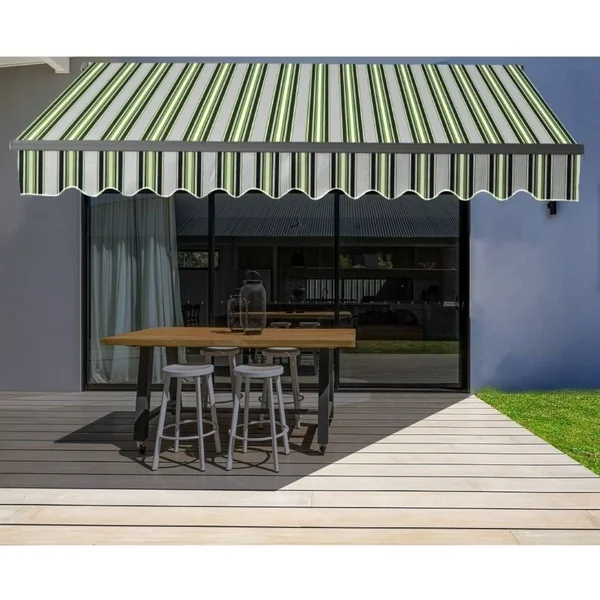 Aleko Abm20x10mstgr58-ap Motorized Retractable Black Frame Patio Awning 20 x 10 Feet - Multi-Striped Green