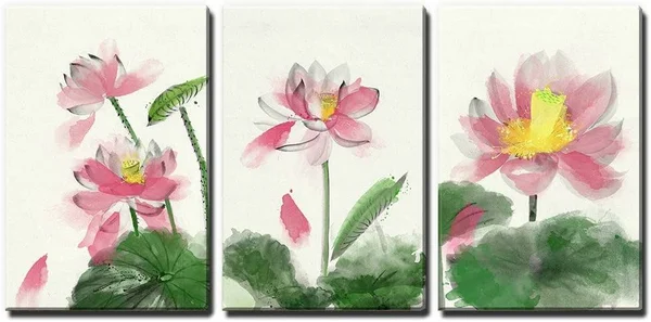 Wall26 3 Panel Canvas Wall Art Watercolor Painting Style Colorful Lotus Flower and Leaves Giclee Print Gallery Wrap Modern Home