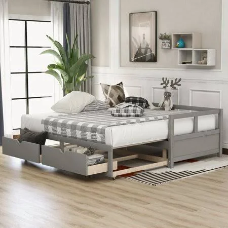 Twin Daybed with Trundle Bed and Two Storage Drawers - Wood Sofa Bed Frame with Pull Out Trundle, Modern Twin Size Extendable Bed