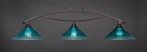 Toltec Lighting 873-DG-715 Bow - Three Light Billiard - Dark Granite Finish with Teal Crystal Glass