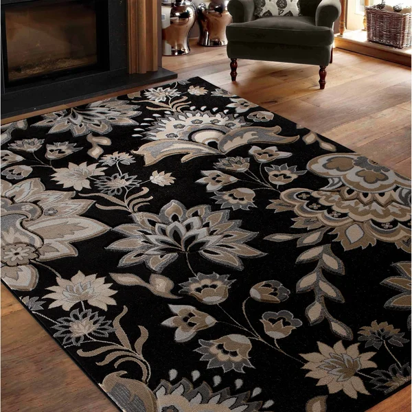 Glamour Collection Floral Area Rug - 5& Round - Cream/Beige